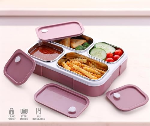 Image of Premium Insulated Steel 4 Compartment Lunch Box for School Office Use | Food Grade Sealed Leak-Proof Steel Containers with Air Vent Lock | Lunch Box for Kids Women Boys Girls