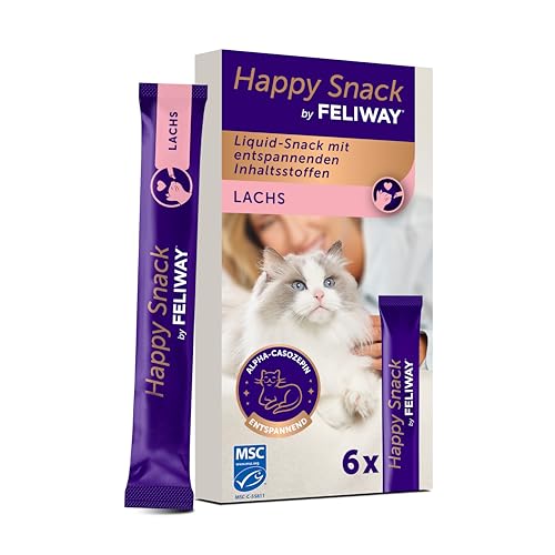 Happy Snack by FELIWAY, Lachs Geschmack, leckerer, beruhigender Leckerbissen, 6 cremige Snacksticks - Hilft Katzen, Sich enspannter zu fühlen, Entspannung zum Snacken