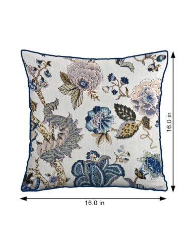 Image of Pure Cotton Quilted Cushion Cover 16x16 Inch | Anokhi Print Decorative Throw Pillow Cover | Soft Cotton Sofa Cushion Cover with Hidden Zipper | Living Room Bedroom Home Decor