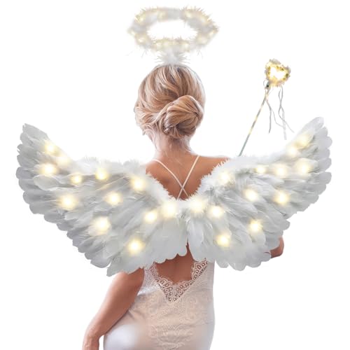 Fancysky Disfraz de ángel para Mujer, Sunshine Smile Engelsflügel, alas de ángel, Plumas Ángel Alas, Disfraz de Cupido, para Mujer, para Carnaval, cumpleaños, Fiesta temática (White M)