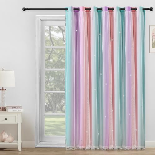 Image of Extra Wide Curtains 84 Inches Long 100 Inch Wide for Girls Bedroom Patio Sliding Door Kids Blackout Curtains for Nursery Room Darkening Rainbow Princess Unicorn Wall 1 Panel 100x84 Pink Purple Green