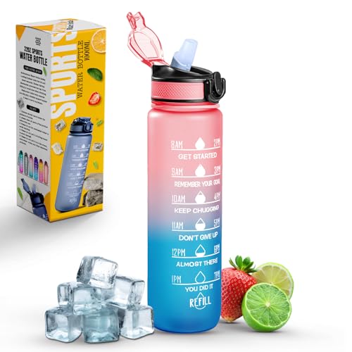 Roe Tenpo Sports Water Bottle with Straw and Time Marking, and 32OZ Capacity - Motivational and Eco-Friendly BPA-Free Bottle for Running, Gym, Yoga, Outdoors, and Camping (Style-1, Pink-Blue)