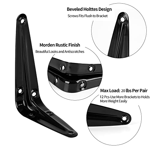 12Pack Shelf Brackets Heavy Duty Black Metal Floating Shelves Bracket 4 x 3 Inch Rustic Farmhouse Decorative Iron L Bracket J Brackets Wall Joint Angel Corner Brace for Wood Shelves Hanging with Screw - Image 4