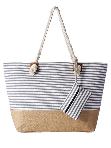 DonDon Bolso de playa grande impermeable con cremallera Rayas azul oscuro