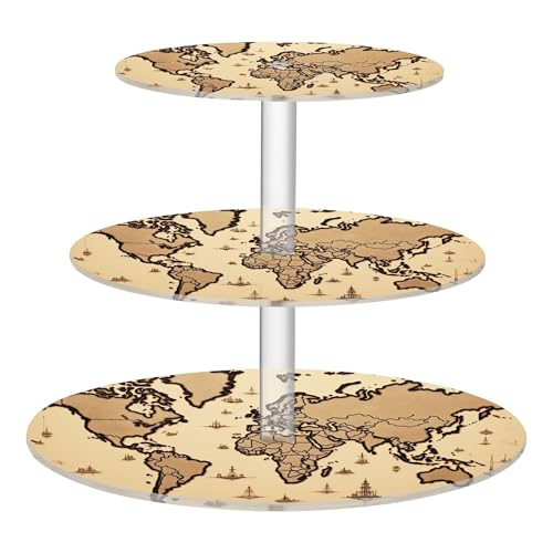 PYBUG World Map 3 Tier Acrylic Cupcake Stands Tower,Dessert Table Display Set for Tea Party,Wedding,Birthday, Baby Shower
