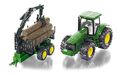 siku 1954, John Deere Traktor mit Forstanhänger, 1:50, Metall/Kunststoff, Grün, Funktionsfähiger Ladearm und Greifer – Bild 3