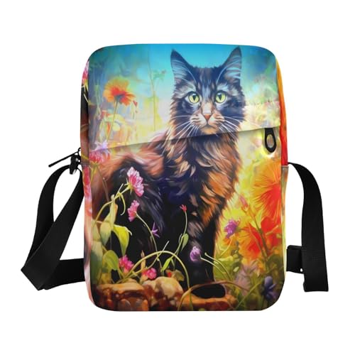 messenger bag for women Shoulder Bag For Woman Cross Over Purse Adjustable Strap for business business- Cat Watercolor Style Colorful Black Cottage