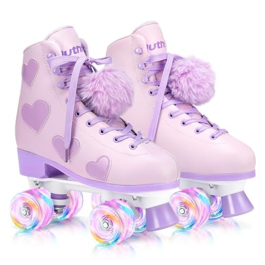 Ruthfot Women's and Girl's Classic Roller Skates with Light up Wheels and Love Heart Pattern, High-top PU Leather Rollerskates Purple
