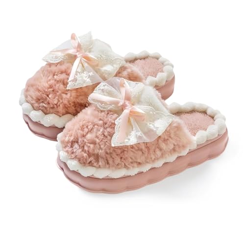 Cute Bow Fuzzy Slippers for Women, Fluffy Cozy Warm Womens Slippers with Thick Sole (Pink, 7-7.5)