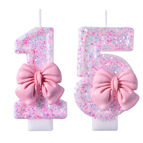 VSHILI 15th Birthday Candles, Pink 15 Year Old Number Birthday Candles, Happy Birthday Party Cake Topper Decoration Gifts for Girls