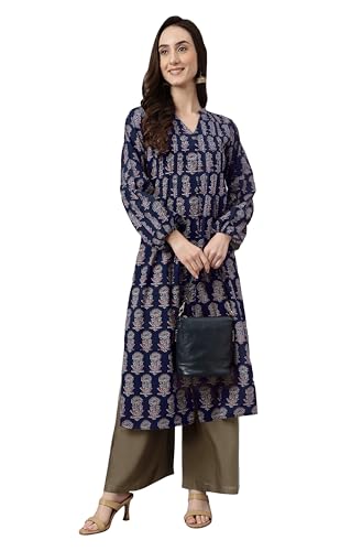 Image of Janasya Women's Pure Cotton Floral Printed A-line Kurta