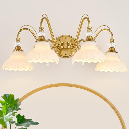Image of Vintage Bathroom Vanity Light, 4-Light Brushed Gold Finish Wall Sconce with Hanging Crystal Accents and Flower-Shaped White Glass Shades, Retro Wall Mount Vanity Light Over Mirror for Bathroom