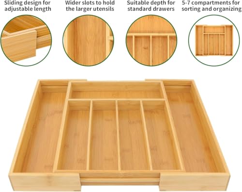 Image of Zollyss Expandable Bamboo Drawer Organizer for Kitchen, Adjustable Cutlery Tray, Expandable Utensil Organizer for Kitchen Drawer (5 Pc Bamboo Drawer Organiser)