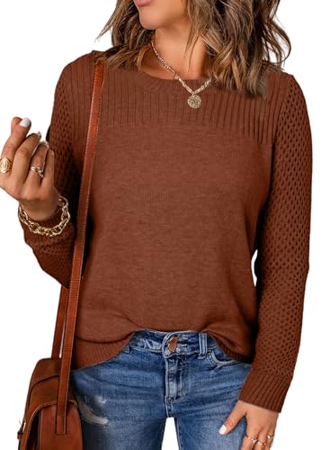 Image of EVALESS Womens Sweaters Casual Long Sleeve Crewneck Knit Lightweight Hollow Out Crochet Sweater Pullover Tops