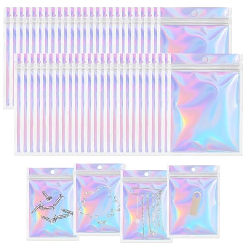 50 Pcs 10.5 x 15cm Holographic Mylar Lock Bags Clear Golden Resealable Resealable Foil Smell Proof Pouches for Food Storage Lipgloss Jewelry