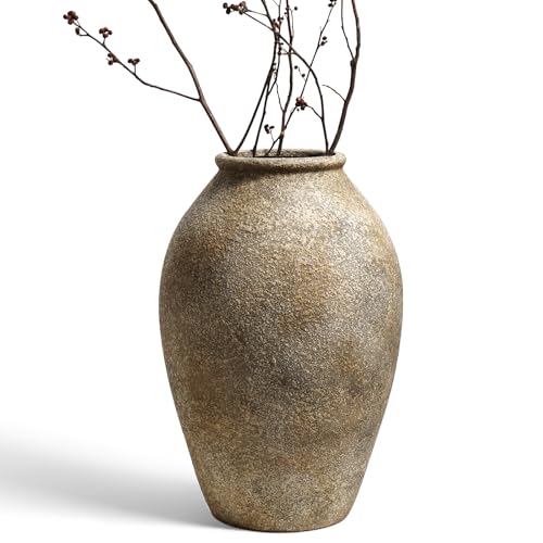 LE TAUCI Ceramic Flower Vase, 13.2 Inch Large Rustic Farmhouse Vase, Tall Floor Vase for Home Decor, Living Room Table & Mantel Centerpiece, Watertight & Sturdy, Sandstone Brown