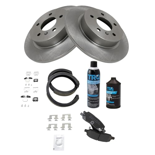 Image of TRQ Rear Brake Pad & Rotor Kit, with Chemical Kit Parking Brake Shoe Set Semi-Metallic Compatible with 2006-2010 Cadillac DTS