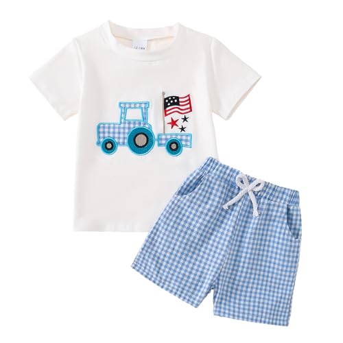 Image of Toddler Boy 4th of July Outfit Embroidered American Flag /Truck Shirt+Striped Shorts Independence Day 1-5T