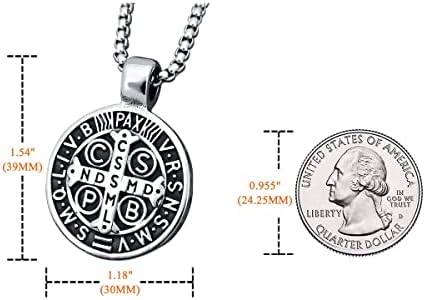 enhong Men's St Benedict Exorcism Pendant Necklace Stainless Steel Catholic Roman Cross Demon Protection Ghost Hunter Silver
