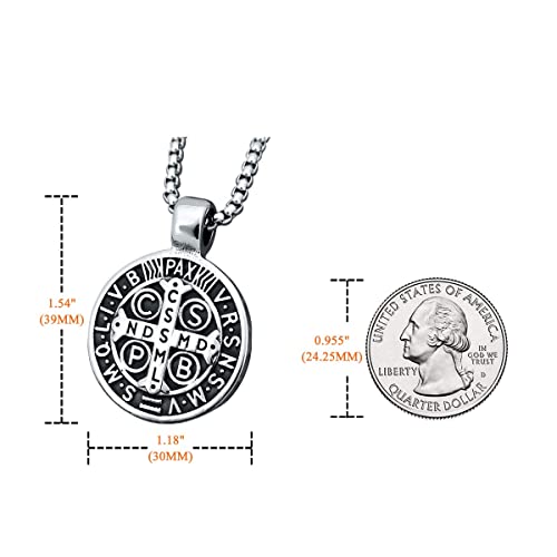 enhong Men's St Benedict Exorcism Pendant Necklace Stainless Steel Catholic Roman Cross Demon Protection Ghost Hunter Silver