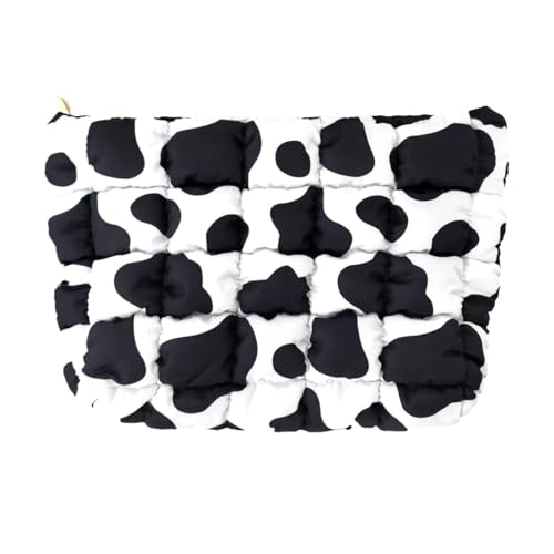 HFLZBRO Puffy Quilted Makeup Bag, Cosmetic Travel Pouch for Women,Cow Print