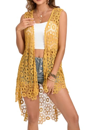 Chaleco largo casual de ganchillo para mujer, ajuste holgado, bohemio, con encaje, cárdigan sin mangas, Amarillo, Talla única