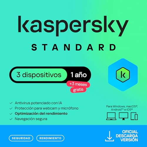 Kaspersky Standard Anti-Virus 2026 | 3 dispositivos | 1 Año +3 Meses Gratis | Seguridad Avanzada | Protección Bancaria en línea | Optimización del rendimiento | PC/Mac/Móvil | Código por email
