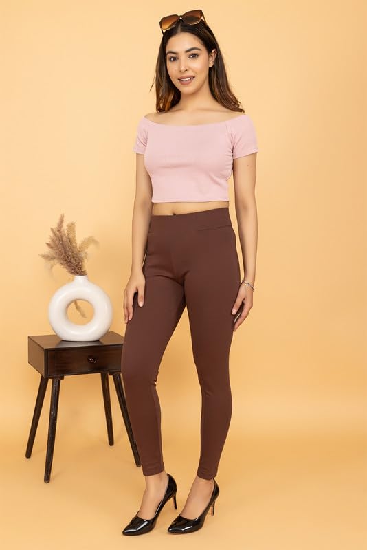 Image of Mlada Slim Fit Jeggings with Elastic Waist Band for Women Office Work Formal Wear Trousers Stretch Cotton Knit High Waist Skinny Fit Jeggings Lycra Pants Travel Comfort Jeggings