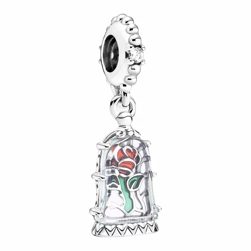 GenericAbalorio Colgante Rosa Encantada de la Bella y la Bestia Princesa de Disney para Pulseras PANDORA Collar Pulsera Europea Charms para Mujer Niña