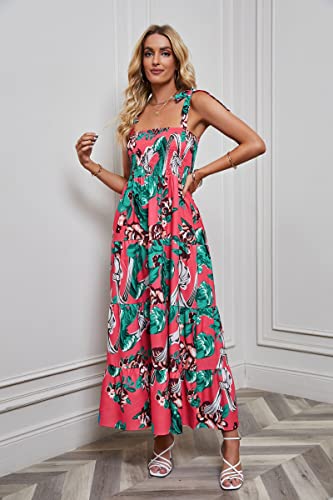 Image of kinstell Women's Summer Boho Spaghetti Strap Square Neck Ruffle Casual Flowy Long Dress Beach Swing Party Maxi Dress
