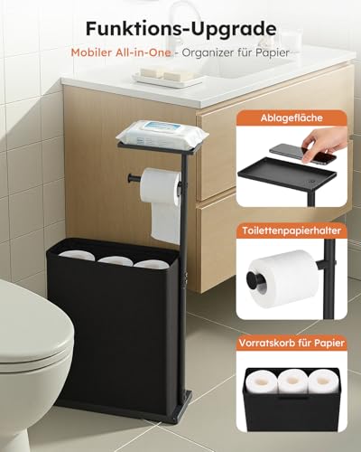 SOLEDI Toilettenpapierhalter Stehend mit Toilettenpapier Aufbewahrung Korb für 12 Rollen, Freistehender Toilettenpapierhalter mit Ablage Oben, Klopapierhalter aus Rostbeständigem Metall, Schwarz