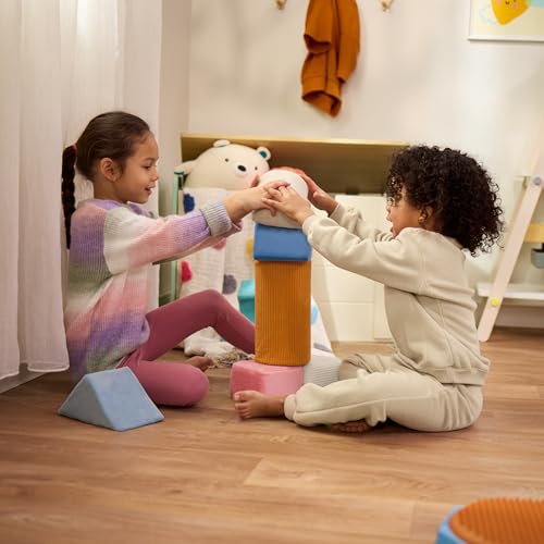 Image of B. toys Tumble-y Towers Sensory Foam Building Blocks, 8 Pieces, Activity | 8 geometric foam blocks wrapped in textured and tactile fabrics for stacking, squeezing, snuggling, and sensory, 6+ Months