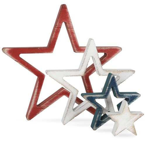 4th of July Table Decorations, Red White Blue Stars Decorations Set of 4, Retro Patriotic Memorial Day Star Tiered Tray Decor, Labor Day Independence Day Fourth of July Decor for Home Office Shelf