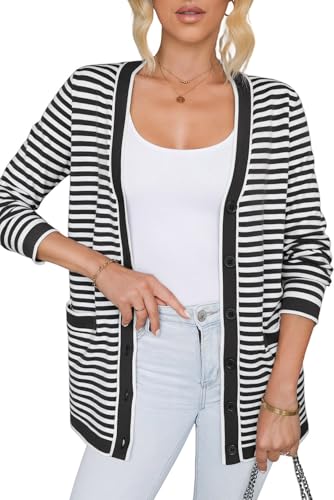 Women's Black Stripe Long Sleeve Button Up Tunic Cardigan4