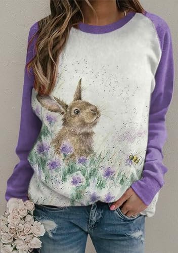 Image of Women's Easter Basic Sweatshirt Crew Neck Long Sleeve Sweatshirt Casual Loose Sweatshirt with Rabbit Print