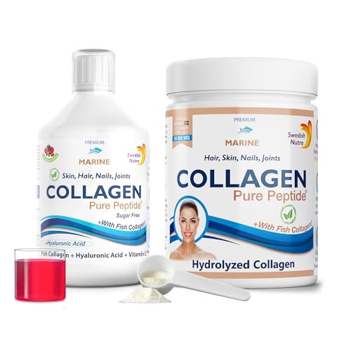 Swedish Nutra - Hydrolyzed Marine Collagen Liquid, 500Ml & Powder, 300G Supplements Bundle | 20-30 Days | Pure Peptides & Vitamins For Healthy Hair, S