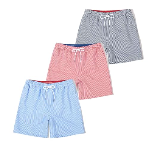 SUNDAY ROSE 3 Pack Mens Swim Trunks with Mesh Lining Quick Dry Swim Shorts Bathing Suit for Men Red/Navy Blue/Sky Blue Size M