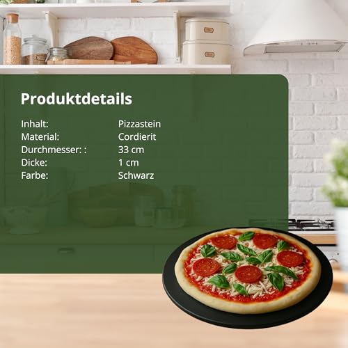 HeRo24 Pizzastein 33 cm aus Cordierit schwarz glasiert hitzebeständiger Backstein für Pizza, Flammkuchen & Brot geeignet für Backofen & Grill