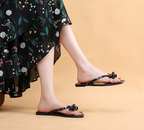 Studded Sandals for Womens Bow Flip Flops Jelly Shoes Beige Jellies Flat Size 9, Summer Beach Thong Slides with Rivets Dress Slippers Square Toe Slip On3