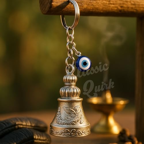 Image of Evil Eye Hooked Guardian Bell Keychain - Protective Lucky Charm Bell with Clip Hook for Bike, Car, Key & Bag | Spiritual Good Luck Talisman Gift