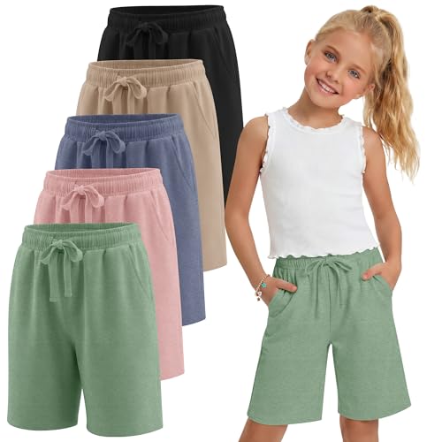 YooAurvox 5 Pack Girls Bermuda Shorts Knee Length Summer Long Shorts for Kids Drawstring Athletic Shorts with Pockets 5-14Y(Black/Mocha/Hazy Blue/Pink/Grass Green 9-10 Years)