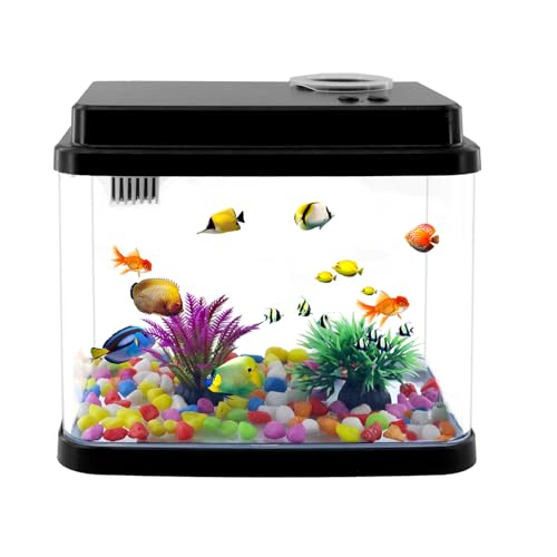 Mini Aquarium Fish Tank,1 Gallon Fish Bowl with Adjustable 6-Color LED Lamps,Filtration,Oxygenation,Water Circulation 3 in 1 Pump,DIY Ocean Stickers, Excellent Gifts for Children and Adults