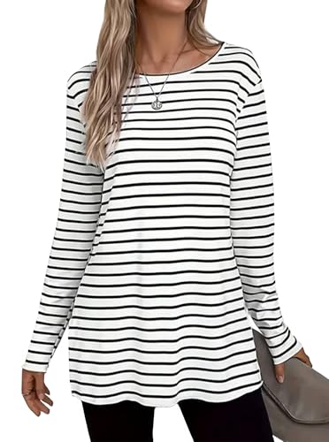 LilyCoco Womens Striped Shirt Casual Long Sleeve T Shirt Side Slit Tees4