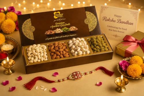 Image of Browntree Dry Fruits Rakhi Gift Hamper Premium 4P- 150g |Rakhi Hamper for Brother| Almonds, Cashewnuts, Salted Pista, Raisins with Rakhi Band| Festive & Corporate Gifting Box | Ideal Gift Box for all celebration