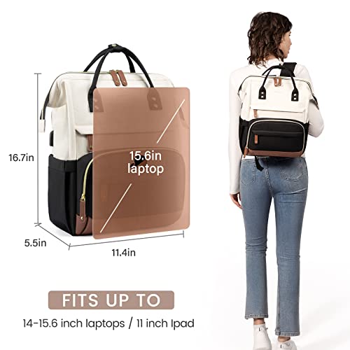 Lovevook Laptop Backpack For Women, 15.6 Inch Work Business Backpacks Purse With Usb Port, Large Capacity Educators Nurse Bag Backbag, Waterproof Casual Daypack For Travel,Black-White-Brown #TOP6