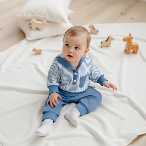 Toddler Baby Boy Fall Winter Clothes Striped Waffle Button Long Sleeve Hoodie Sweatshirt Top and Pants Set2