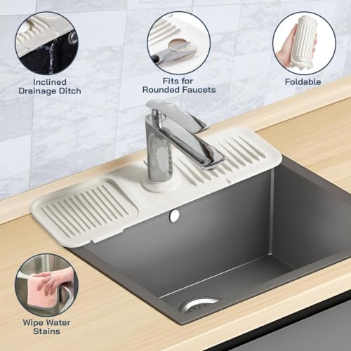Image of Silicone Faucet Handle Drip Catcher Tray - Self-Draining Kitchen Sink Splash Guard with Adjustable Coil Opening - Sink Faucet Mat with Cleaning Towel (Ivory)