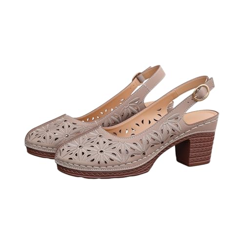 Sandales à talon carré femme bout fermé nu-pieds beige à fleurs 38.5