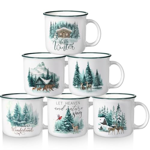 Pickmesh Christmas Coffee Mug Set of 6, 14Oz Ceramic Mugs With Handle Xmas Winter Wonderland Cups Enamel Xmas Mugs for Winter Christmas Gift Party Supplies