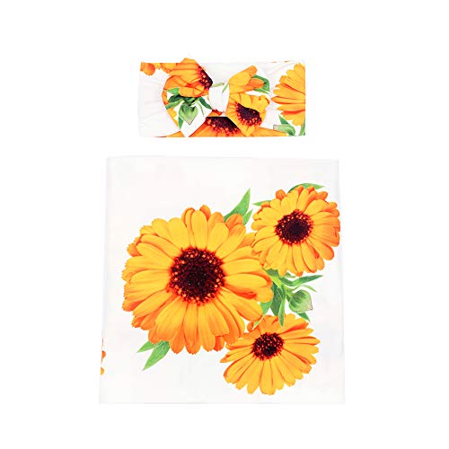 Image of Galabloomer Newborn Receiving Blanket Headband Set Baby Flower Rose Swaddle with Big Bow (White Sunflower)